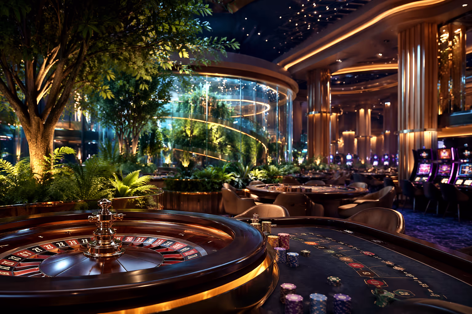 Eco-friendly modern casino with solar panels and lush greenery